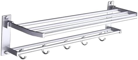 Aluminum Towel Rack with 5 Hooks and Double Shelf for Bathroom