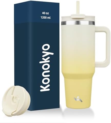40 oz Insulated Tumbler with Handle and 2 Straws Stainless Steel Lemon