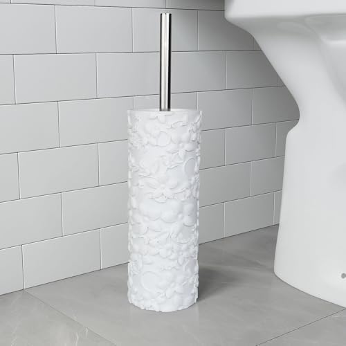 White Floral Design Resin Toilet Brush Holder Set