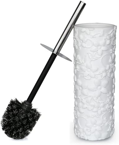 White Floral Design Resin Toilet Brush Holder Set