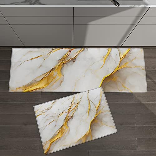Premium Kitchen Mats Set of 2 - Golden Marble Texture