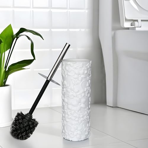 White Floral Design Resin Toilet Brush Holder Set