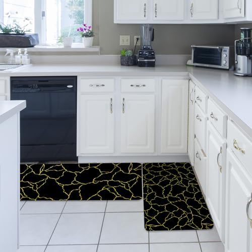 Black Yellow Geometric Kitchen Rug Set 2PCS Non-Slip Mats