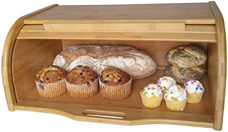 PremiumPresents Large Bamboo Roll Top Bread Box Kitchen Organizer