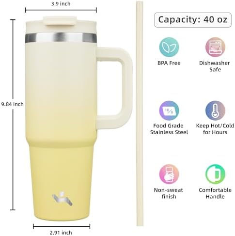 40 oz Insulated Tumbler with Handle and 2 Straws Stainless Steel Lemon