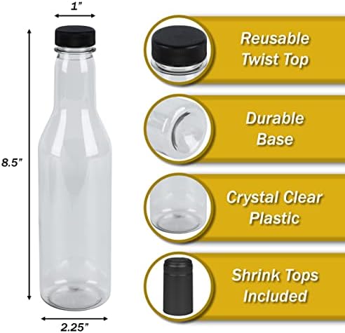 PELLAH 12 Oz PET Bottles with Screw Caps and Black Heat Shrink Seals