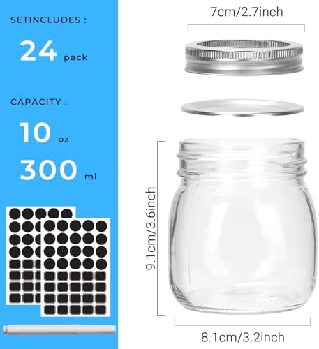 Keketin 10 Oz Glass Mason Jars Set of 24 with Silver lids