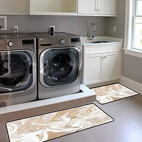 Kitchen Rugs Set Beige Non-Slip Washable Kitchen Mats with Gold Line Texture
