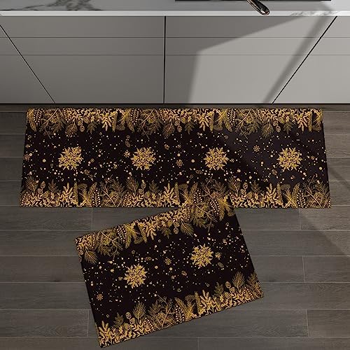 Christmas Kitchen Rugs Set of 2 - Farmhouse Mat with Snowflakes Pine Cone Design