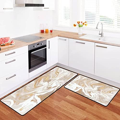 Kitchen Rugs Set Beige Non-Slip Washable Kitchen Mats with Gold Line Texture