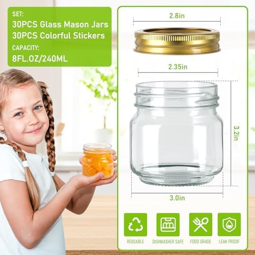 AuroTrends Mason Jars 8 oz with lids 30 pack