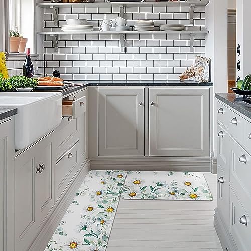 Carosaffe White Daisy Kitchen Bathroom Area Rugs - Set of 2