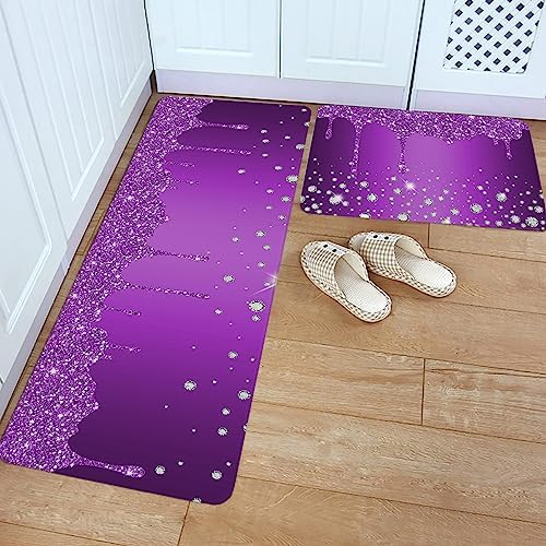 Purple Diamond Kitchen Rug Set 2PCS Non-Slip Mats