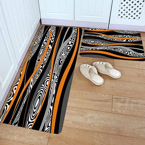 Orange Geometric Kitchen Rug Set 2 PCS Black White Zebra Striped Print