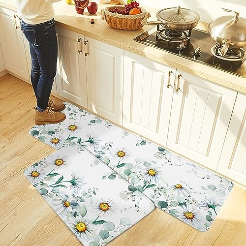 Carosaffe White Daisy Kitchen Bathroom Area Rugs - Set of 2