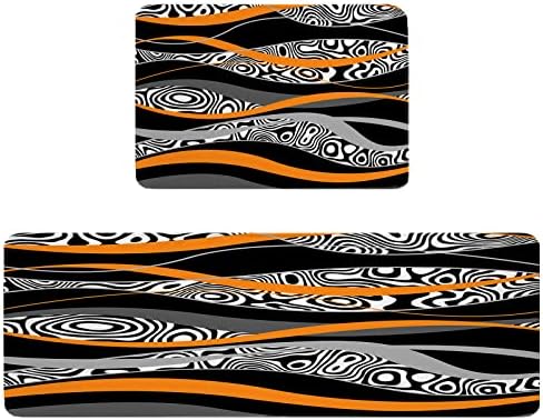 Orange Geometric Kitchen Rug Set 2 PCS Black White Zebra Striped Print