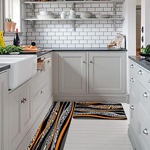 Orange Geometric Kitchen Rug Set 2 PCS Black White Zebra Striped Print