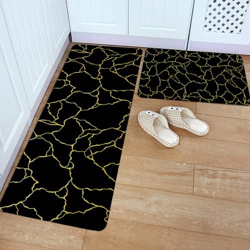 Black Yellow Geometric Kitchen Rug Set 2PCS Non-Slip Mats