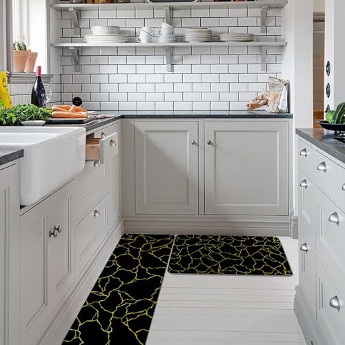 Black Yellow Geometric Kitchen Rug Set 2PCS Non-Slip Mats