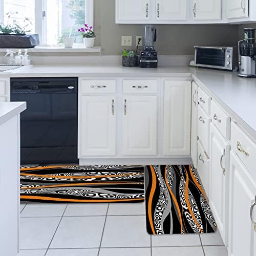 Orange Geometric Kitchen Rug Set 2 PCS Black White Zebra Striped Print