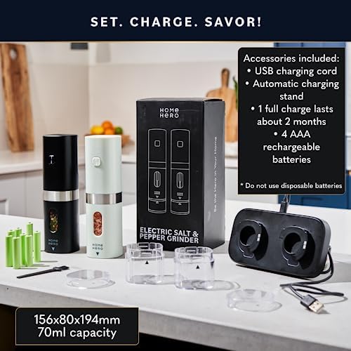 Home Hero Electric Salt and Pepper Grinder Set - Automatic Rechargeable with LED Light