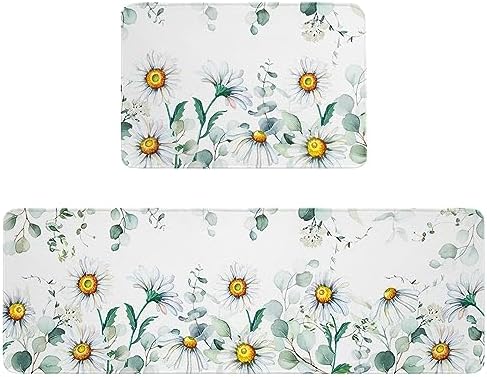 Carosaffe White Daisy Kitchen Bathroom Area Rugs - Set of 2