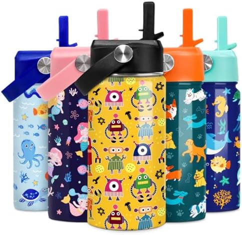 Kids 12oz Straw Robot Insulated Water Bottle for Boys and Girls