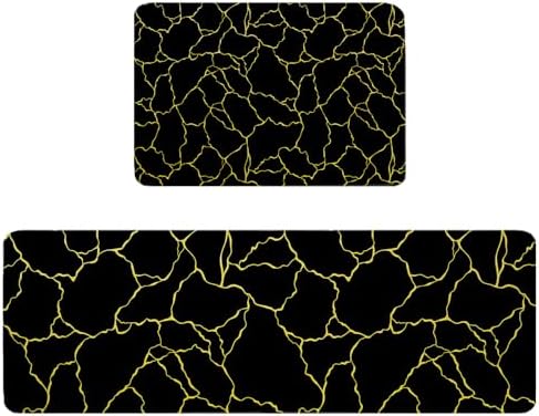 Black Yellow Geometric Kitchen Rug Set 2PCS Non-Slip Mats