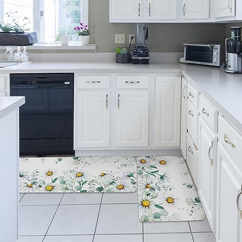 Carosaffe White Daisy Kitchen Bathroom Area Rugs - Set of 2