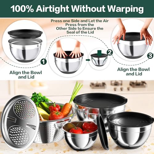 10-Piece Mixing Bowls SetNon-Slip Airtight Stainless Steel Home Kitchen Essential