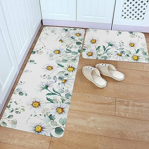 Carosaffe White Daisy Kitchen Bathroom Area Rugs - Set of 2