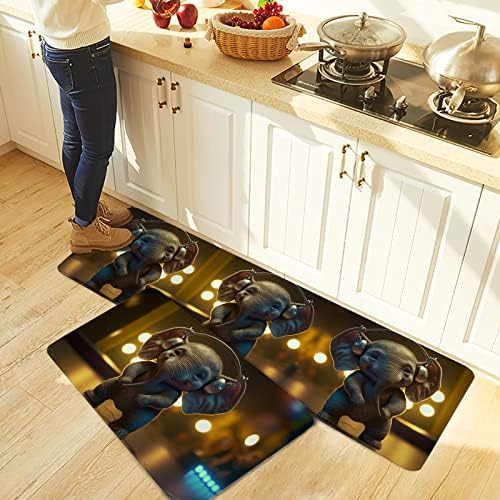Music Elephant Kitchen Rug Set 2PCS Non-Slip