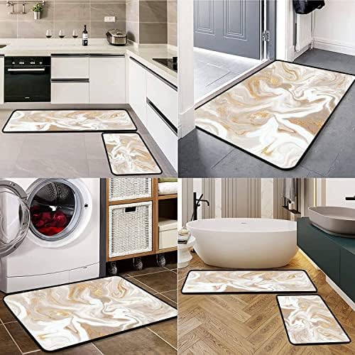 Kitchen Rugs Set Beige Non-Slip Washable Kitchen Mats with Gold Line Texture