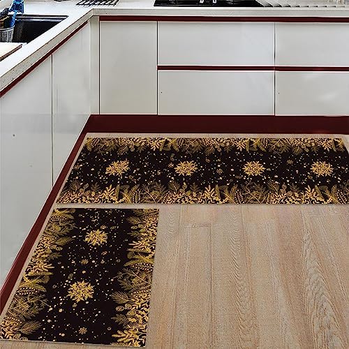 Christmas Kitchen Rugs Set of 2 - Farmhouse Mat with Snowflakes Pine Cone Design