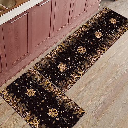Christmas Kitchen Rugs Set of 2 - Farmhouse Mat with Snowflakes Pine Cone Design