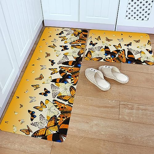 Orange Ombre Butterfly 2 Pack Kitchen Rugs Non-Slip Mats