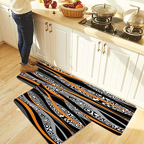 Orange Geometric Kitchen Rug Set 2 PCS Black White Zebra Striped Print
