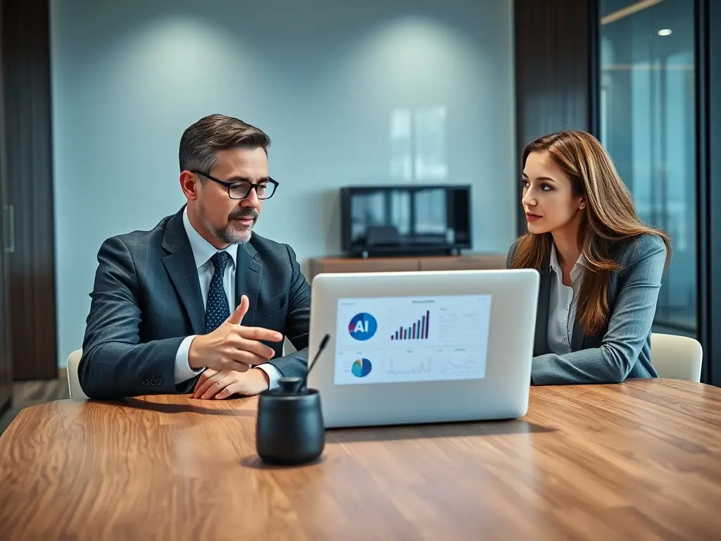 A professional showcasing NeuralForge's IT support services, assisting a client with a complex AI implementation.