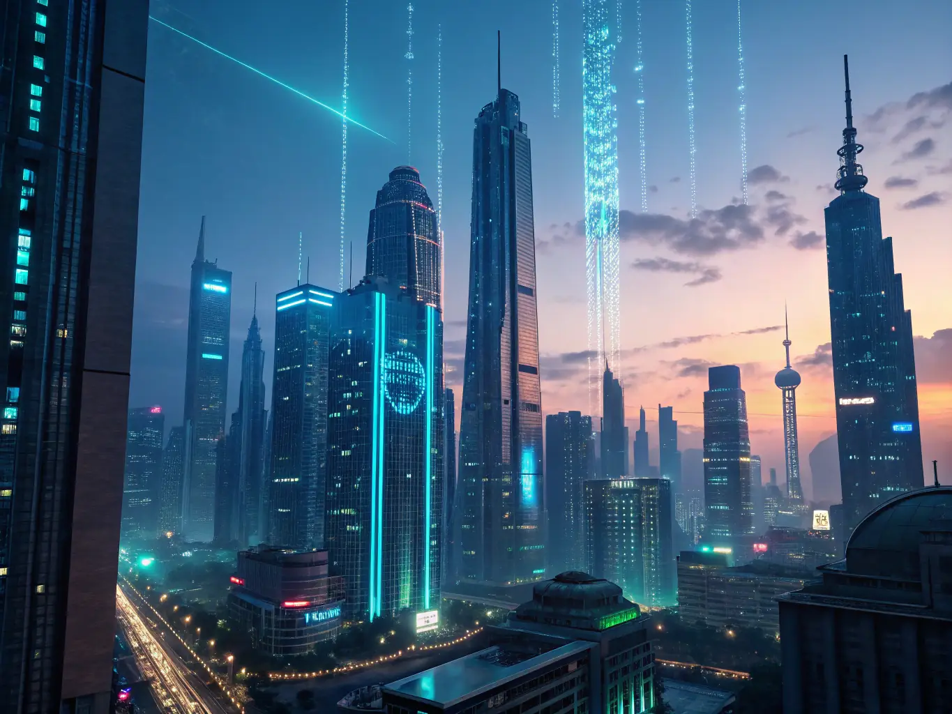 A futuristic cityscape with data streams flowing between buildings, representing data synapse optimization.
